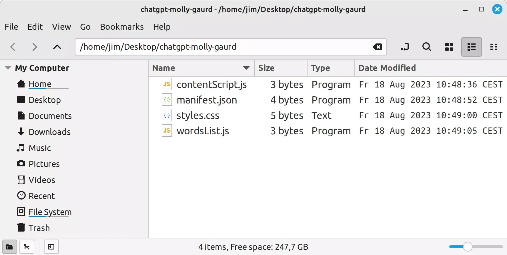 Файлы, необходимые для создания нашего расширения Google Chrome: manifest.json, contentScript.js, wordList.js и styles.css