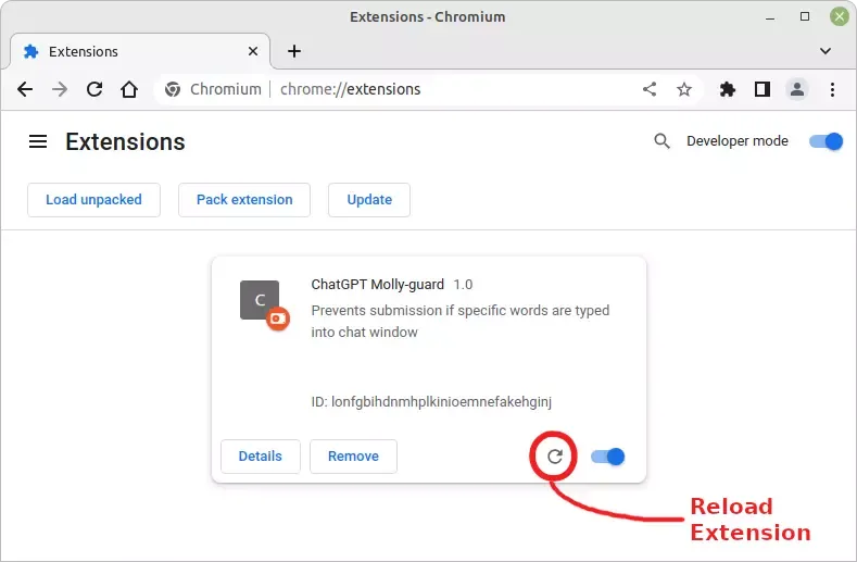 Нажмите на кружок, чтобы перезагрузить расширение Chrome