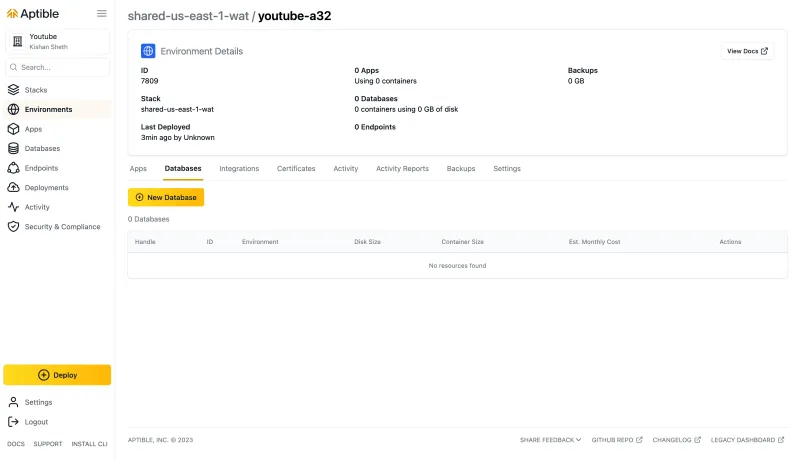 Экран базы данных Aptible