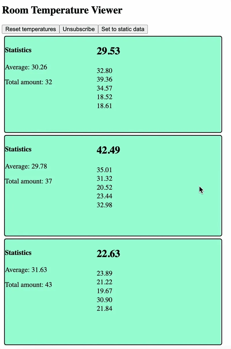 Предварительный просмотр финального проекта Room Temp Viewer, показывающего список комнат с текущей температурой и некоторыми дополнительными статистическими данными