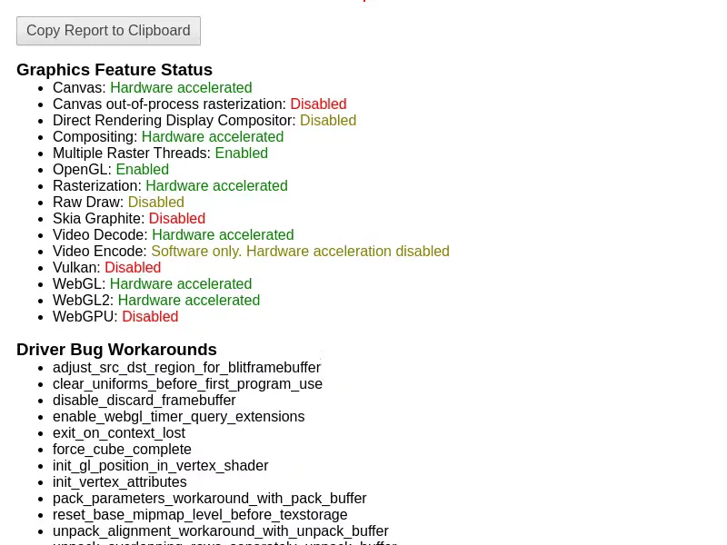 Скриншот состояния GPU в Chrome