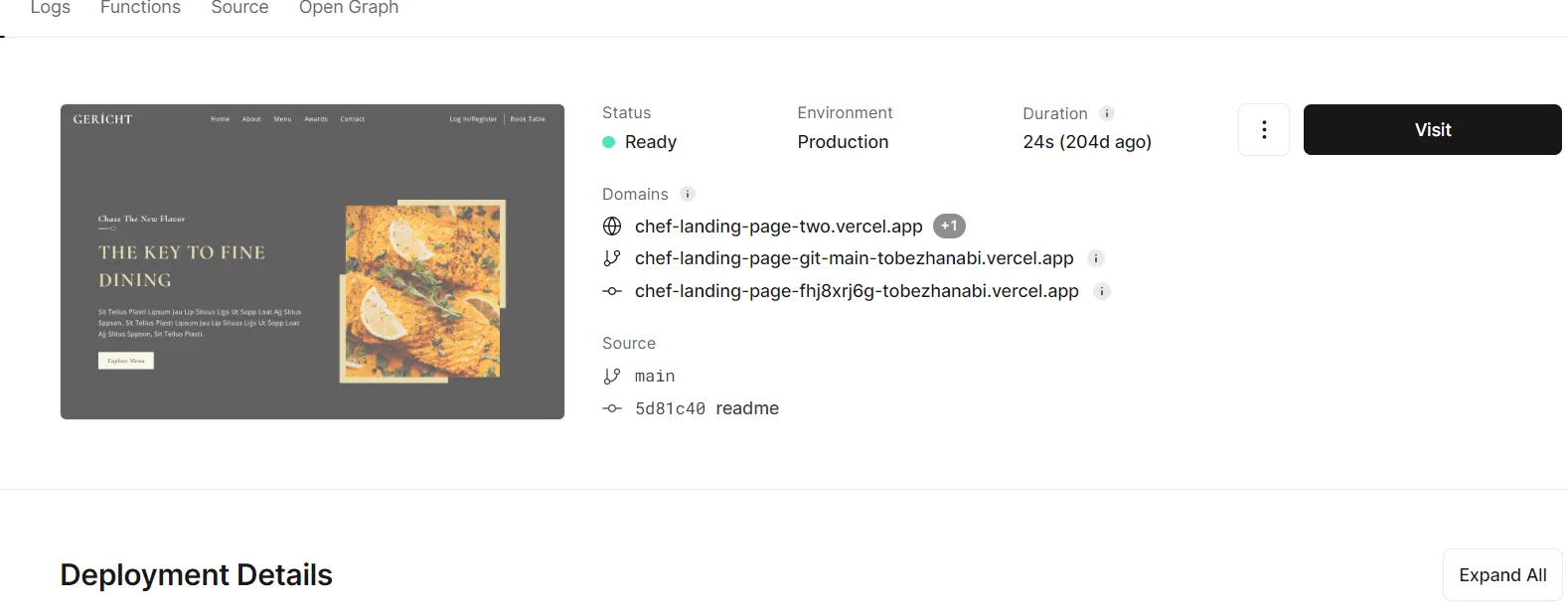 вкладка развертывания