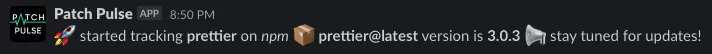 Снимок экрана, показывающий сообщение Patch Pulse в канале Slack, подтверждающее, что новый пакет отслеживается