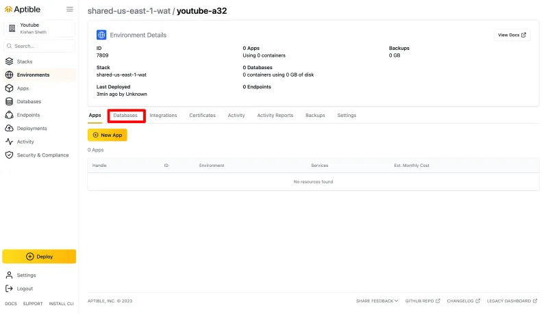 Вкладка базы данных Aptible
